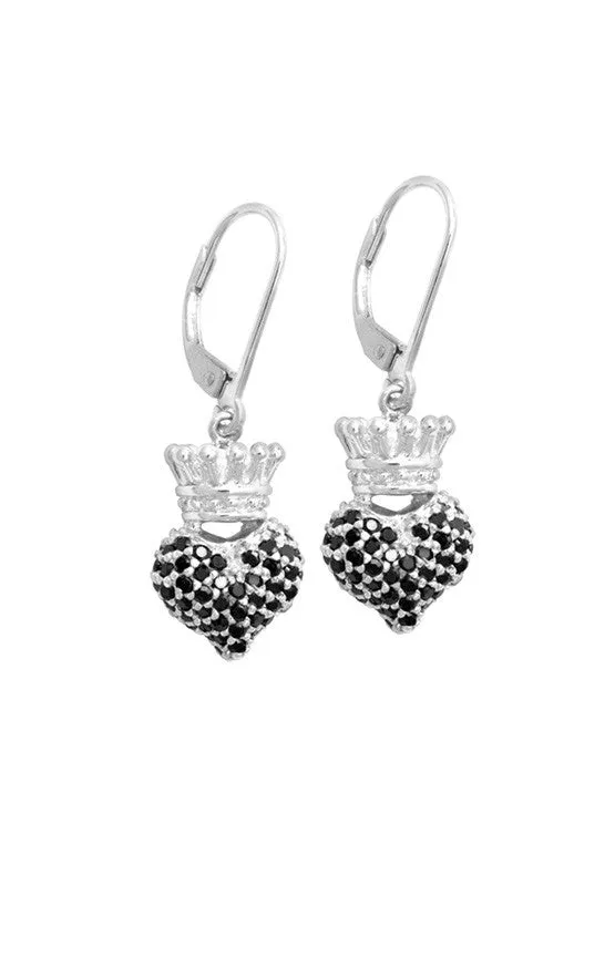 King Baby Earrings Small 3D Crowned Heart wPave Black CZ Leverback Earrings