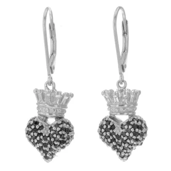 King Baby Earrings Small 3D Crowned Heart wPave Black CZ Leverback Earrings