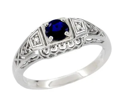 Antique Jewelry Mall Rings Art Deco Filigree Blue Sapphire Promise Ring in Sterling Silver with Side Diamonds