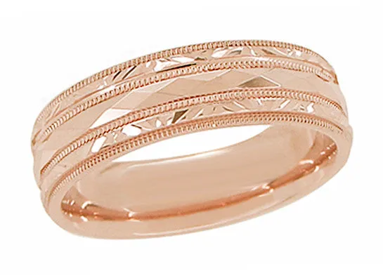 Antique Jewelry Mall Rings Retro Carved Kaleidoscope and Chevrons 14 Karat Rose Gold 6mm Wedding Band