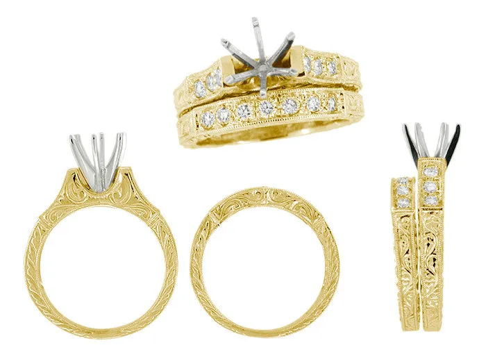 Art Deco Scrolls Engraved Yellow Gold 34 Carat Diamond Engagement Ring Mounting and Wedding Ring Set 14K or 18K Antique Jewelry Mall Rings