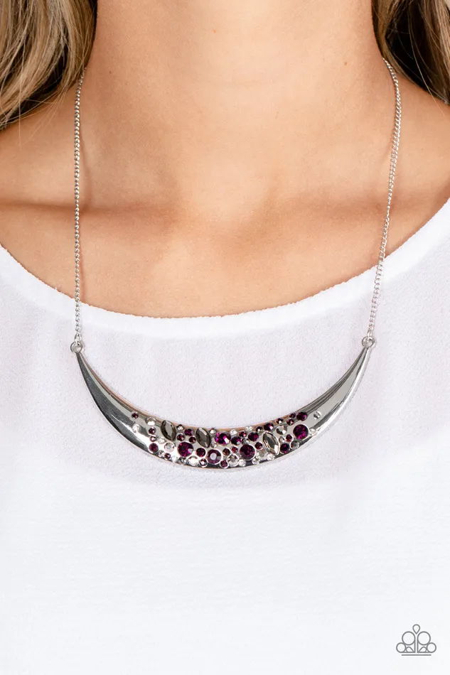 Bejeweled Baroness Purple Rhinestone Silver Crescent Short Necklace Paparazzi Paparazzi Accessories Necklaces