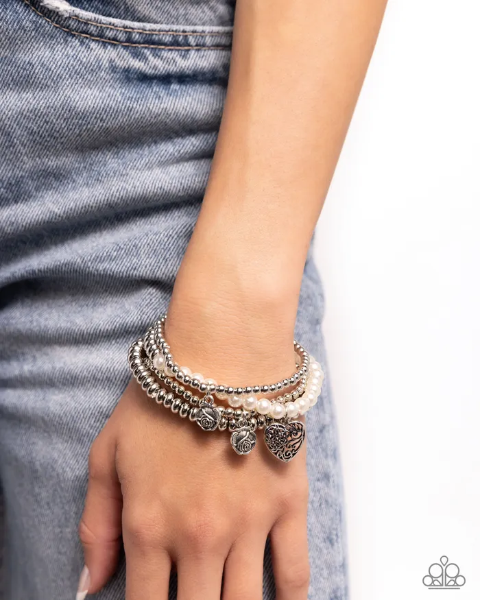 Bracelets Filigree Fairytale White Pearl Silver Heart Rose Charm Stretchy Bracelet Paparazzi Paparazzi Accessories