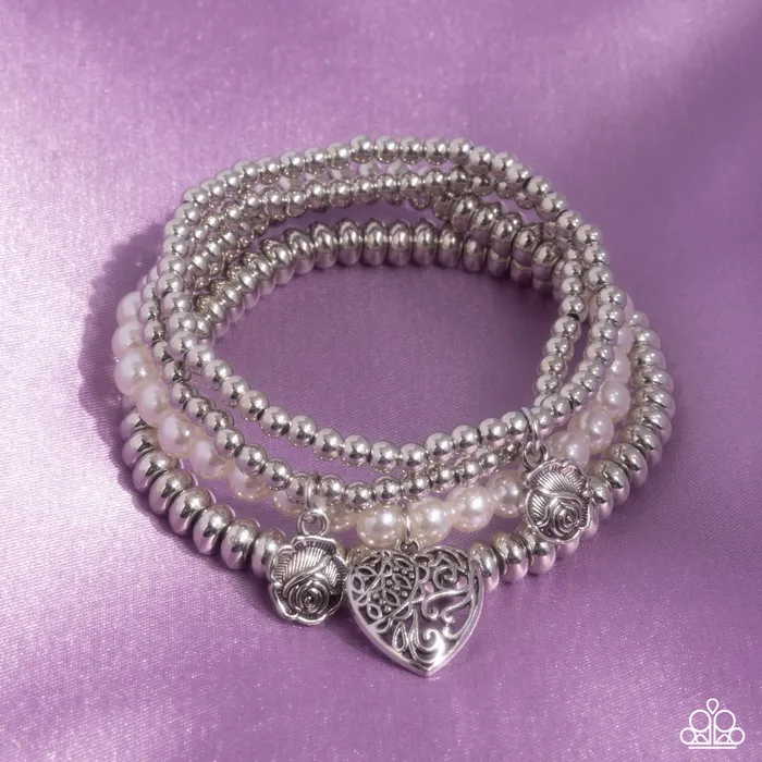 Bracelets Filigree Fairytale White Pearl Silver Heart Rose Charm Stretchy Bracelet Paparazzi Paparazzi Accessories
