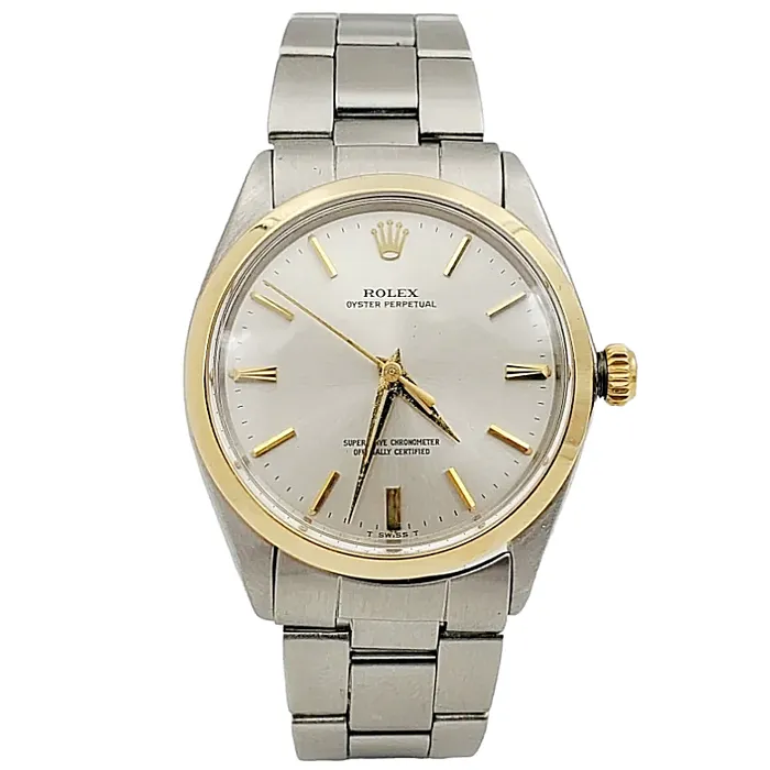 Bracelets Rolex Mens Rolex 34mm Vintage Oyster Perpetual Stainless Steel Watch with Silver Dial and Smooth Bezel PreOwned 1002