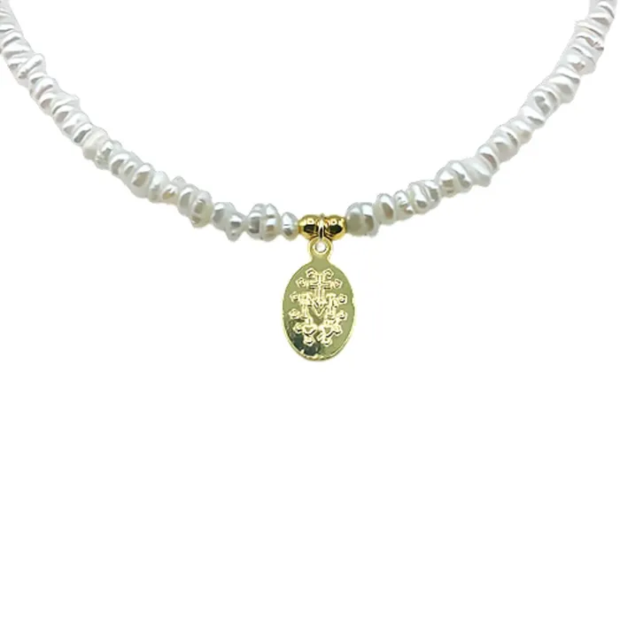 BRAZIL Necklaces GoldPlated Miraculous Medal Necklace w Freshwater Pearls 18inch