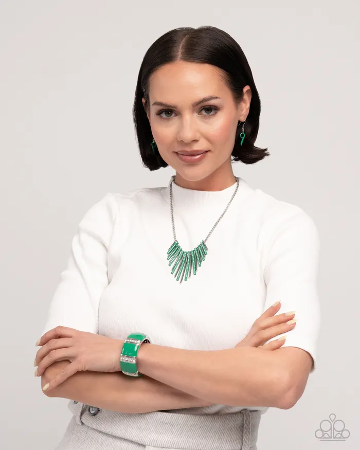 Complete Look Fashionable Fringe Green Necklace and Colored Cameo Bracelet Silver Set Paparazzi Paparazzi Accessories Necklaces