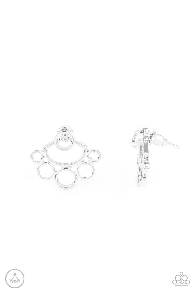Completely Surrounded Silver Circular Fringe Jacket Earrings Paparazzi Paparazzi Accessories Earrings