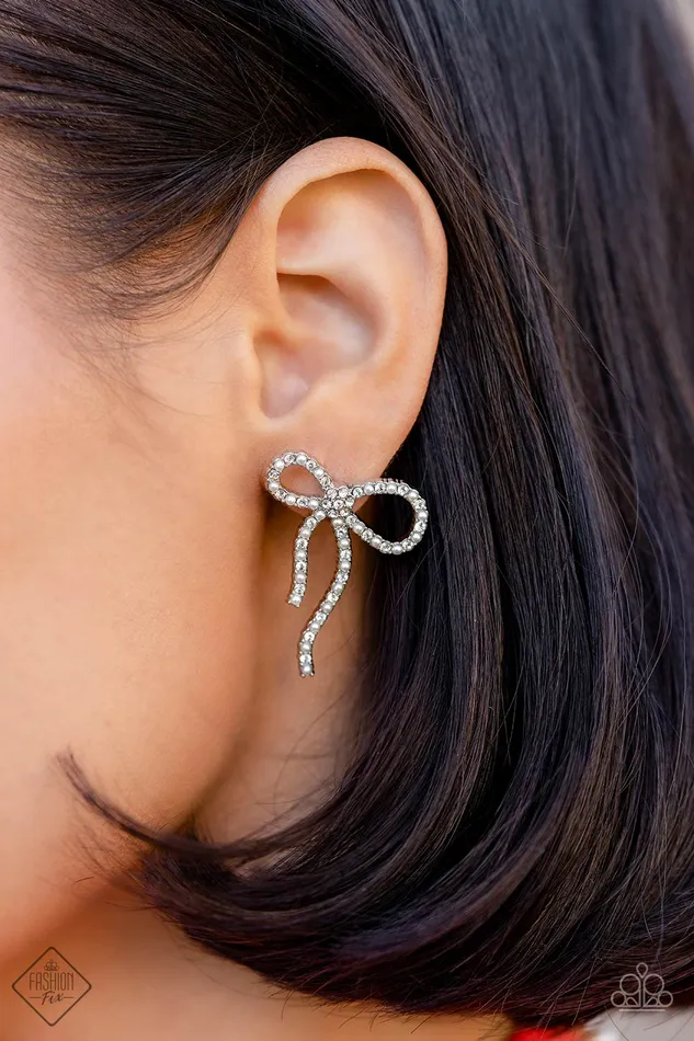 Deluxe Duet White Pearl Rhinestone Silver Bow Post Earrings Mandys 2023 Black Diamond Encore Paparazzi Paparazzi Accessories Earrings