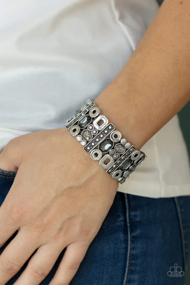 Dynamically Diverse Silver Hematite Smoky Rhinestone Silver Geometric Stretchy Bracelet Paparazzi 2021 Convention Exclusive Paparazzi Accessories Bracelets