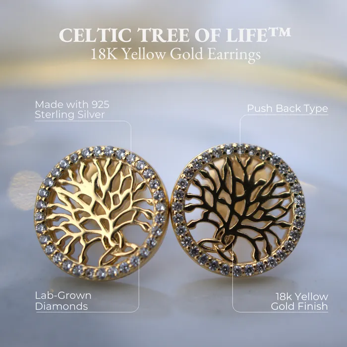 Earrings Celtic Knot Jewellery Celtic Tree of Life 18K Yellow Gold Diamond Earrings