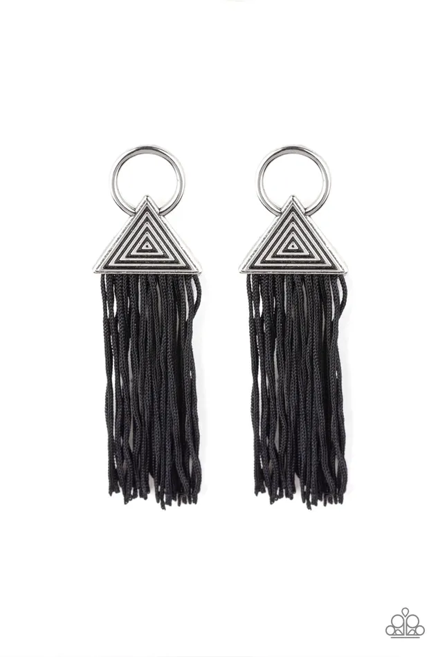 Earrings Oh My Giza Paparazzi Black Cording Tassel Silver Triangular Frame Post Earrings Paparazzi Accessories