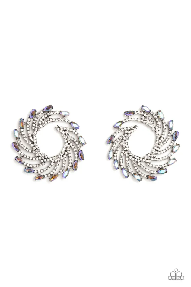 Earrings Paparazzi Accessories Firework Fanfare Multi Iridescent Rhinestone Spiral Silver Post EArrings Paparazzi Life of the Party April 2023