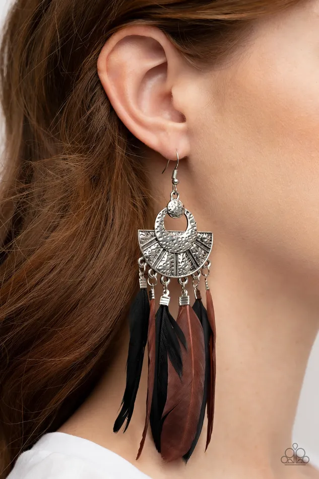 Earrings Paparazzi Accessories Plume Paradise Multi Brown and Black Feather Silver Earrings Paparazzi
