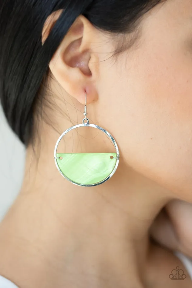 Earrings Paparazzi Accessories Seashore Vibes Green Iridescent Shell Silver Circle Earrings Paparazzi