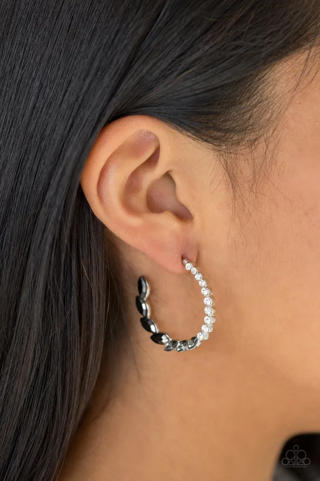 Earrings Prime Time Princess Paparazzi Black Smoky and White Rhinestone Hoop Silver Earrings Paparazzi Accessories