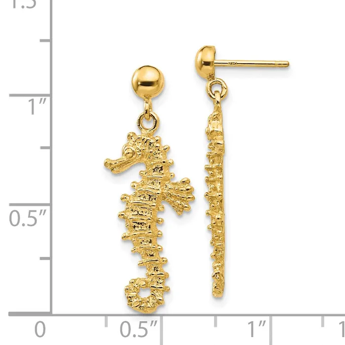 Earrings Qgold 14k Yellow Gold 11 mm Large Seahorse Dangle Post Earrings 286 grams