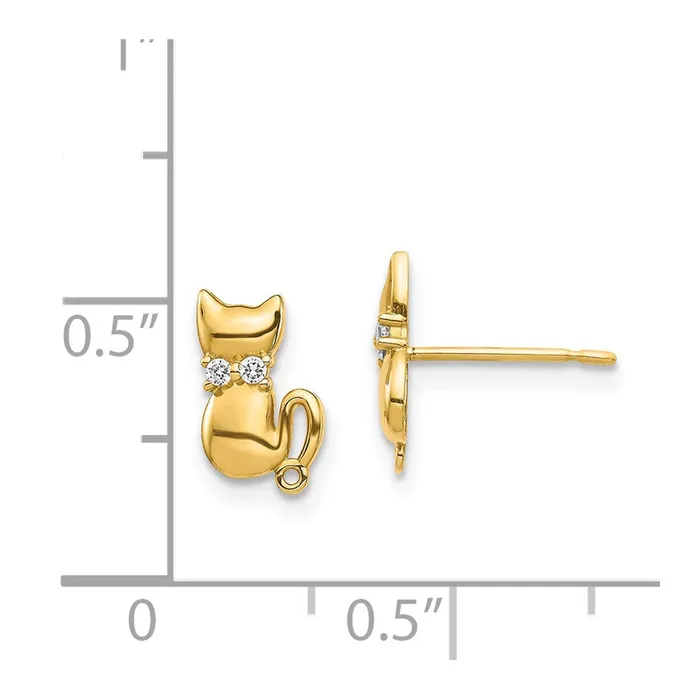 Earrings Qgold 14k Yellow Gold 57 mm Sitting Cat CZ Bowtie Stud Earrings 069 grams