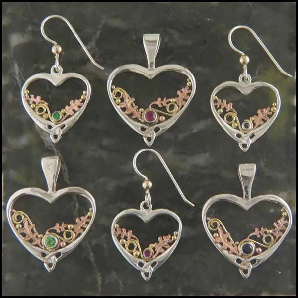 Earrings Walker Metalsmiths Autumns Heart Pendant and Earring Set with Sapphire Tsavorite or Ruby