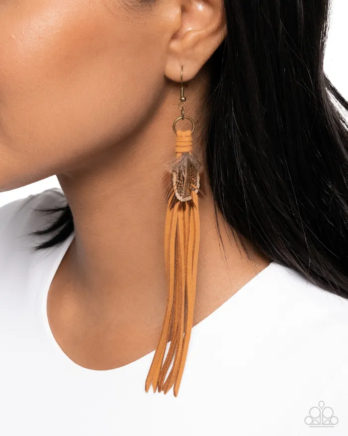 Feathered Festivity Brass Fitting Brown Leather Tassel Earrings Paparazzi Paparazzi Accessories Earrings