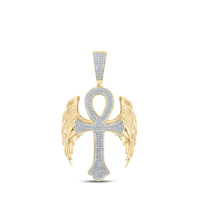 GND Gold Wing Ankh Cross Charm Pendant 58 Cttw Round Natural Diamond Mens 871 grams Necklaces