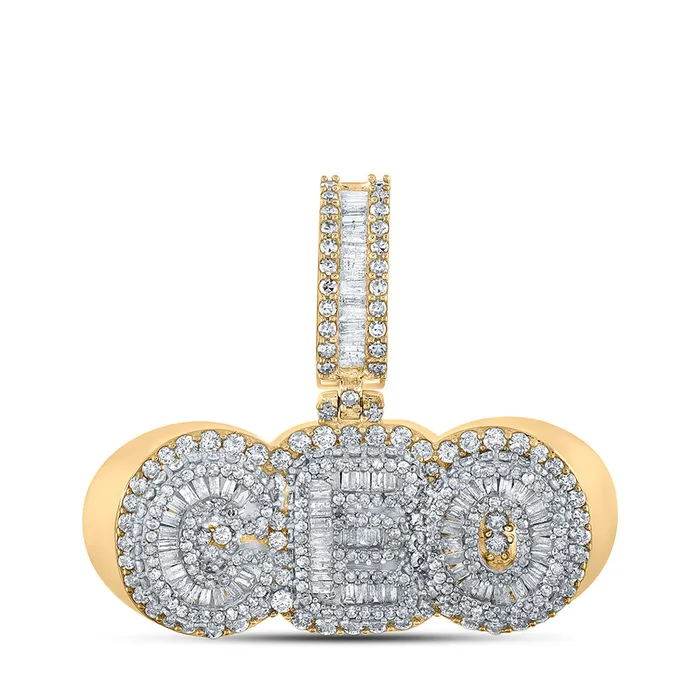 Gold CEO Phrase Charm Pendant 3 Cttw Baguette Natural Diamond Mens 1008 grams GND Charm Necklaces