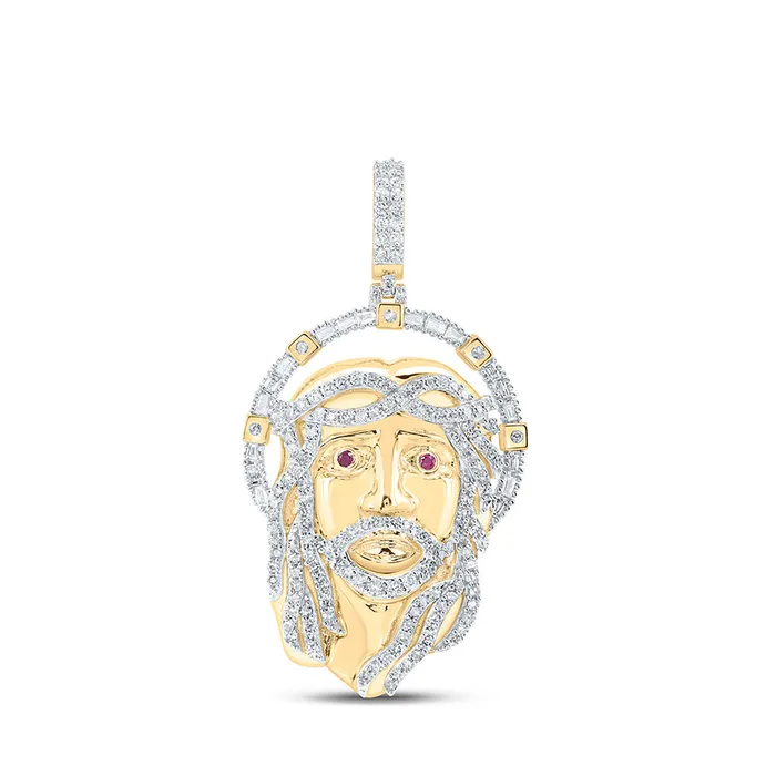 Gold Ruby Jesus Face Charm Pendant 134 Cttw Round Natural Diamond Mens 1442 grams GND Necklaces