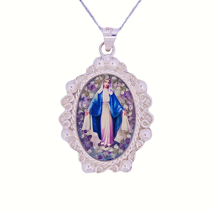 Necklaces MEXICO Our Lady of Grace Baroque Necklace w Pressed Flowers 18inch Necklaces MEXICO Our Lady of Grace Baroque Necklace w Pressed Flowers 18inch