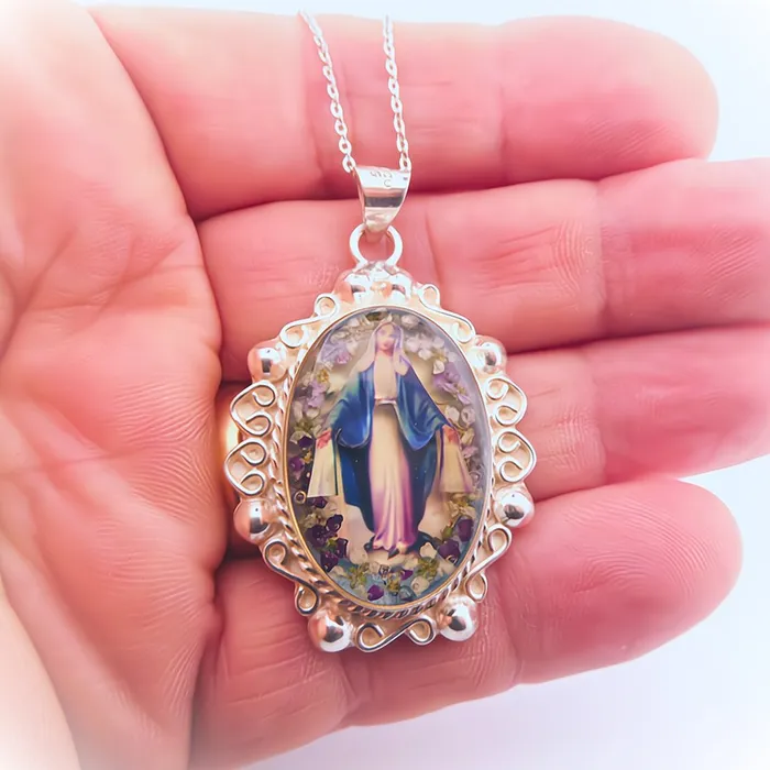 Necklaces MEXICO Our Lady of Grace Baroque Necklace w Pressed Flowers 18inch