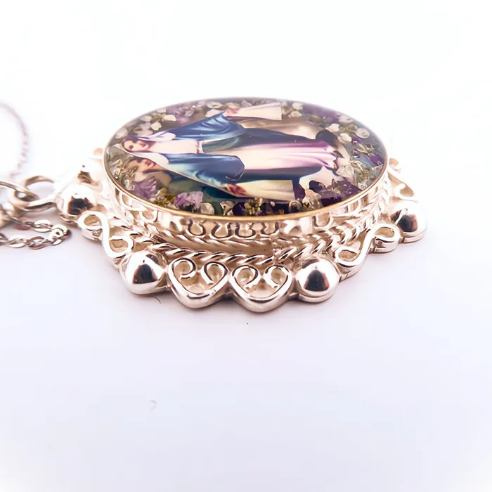 Necklaces MEXICO Our Lady of Grace Baroque Necklace w Pressed Flowers 18inch