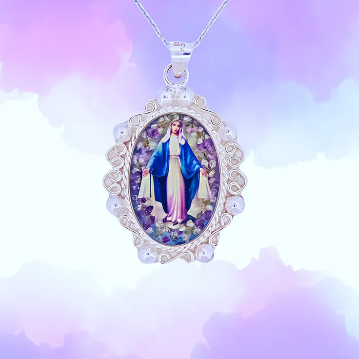 Necklaces MEXICO Our Lady of Grace Baroque Necklace w Pressed Flowers 18inch