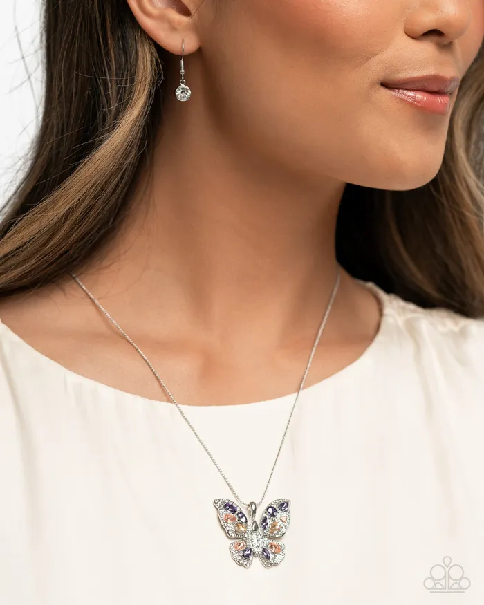 Necklaces Paparazzi Accessories Complete Look Aesthetic Admittance Purple Gem Silver Butterfly Silver Necklace and Aerial Admittance Ring 2Piece Set Paparazzi