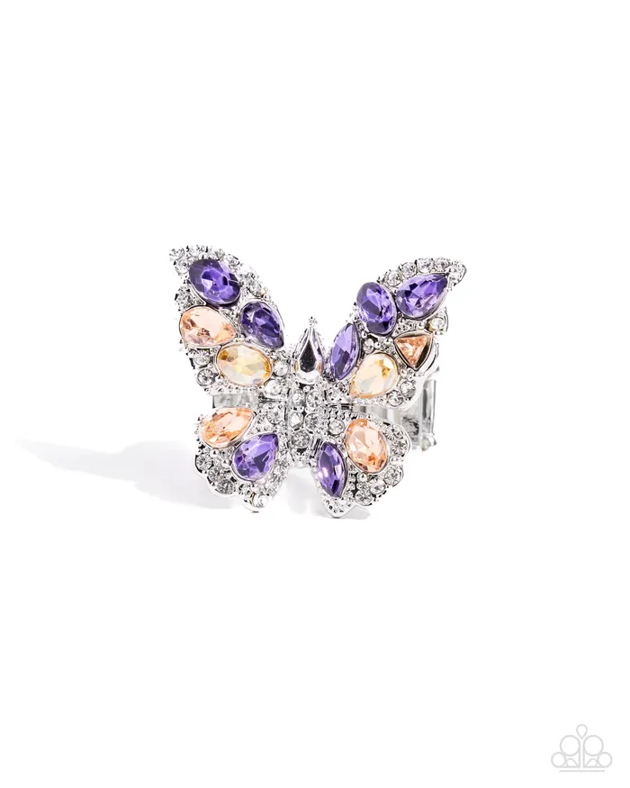 Necklaces Paparazzi Accessories Complete Look Aesthetic Admittance Purple Gem Silver Butterfly Silver Necklace and Aerial Admittance Ring 2Piece Set Paparazzi