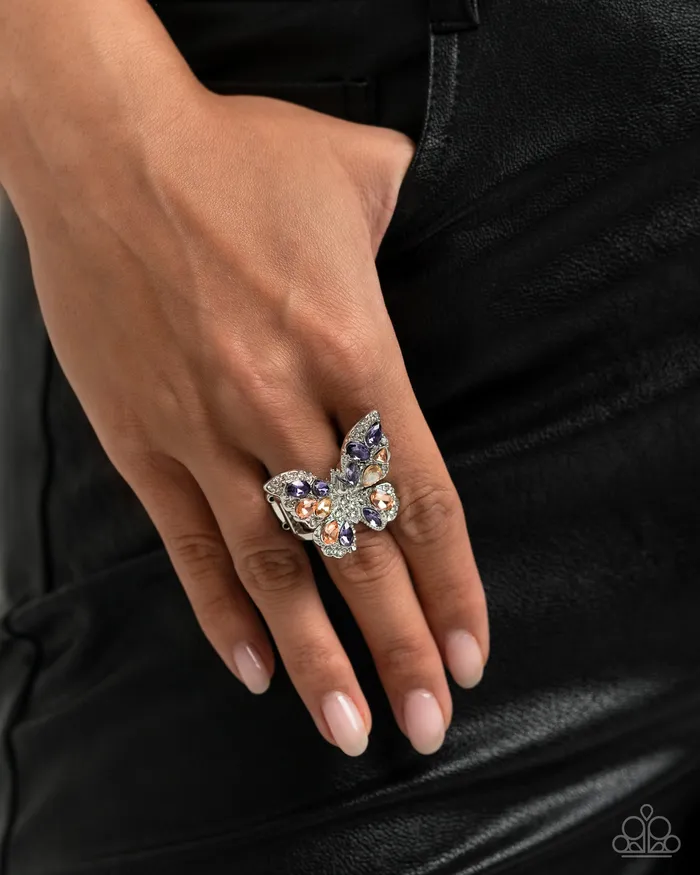Necklaces Paparazzi Accessories Complete Look Aesthetic Admittance Purple Gem Silver Butterfly Silver Necklace and Aerial Admittance Ring 2Piece Set Paparazzi