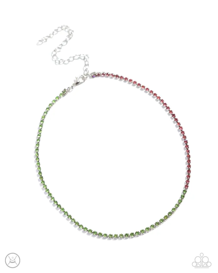 Necklaces Paparazzi Accessories Dedicated Duo Green and Red Rhinestone Silver Choker Necklace Paparazzi