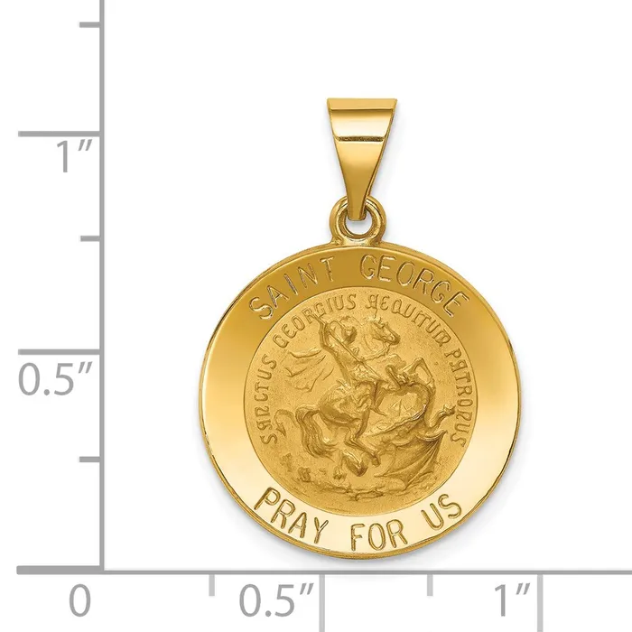 Necklaces Qgold 14k Yellow Gold 19 mm Polished and Satin St George Medal Hollow Pendant 13 grams