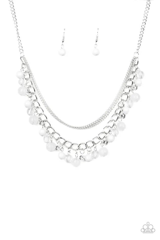 Necklaces Wait and SEA White Rhinestone Bead Silver Layered Necklace Paparazzi Paparazzi Accessories