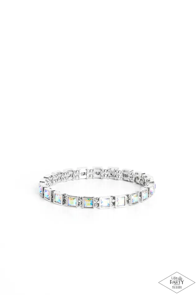 Paparazzi Accessories A GLAM Of Few Words Multi Iridescent Square Gem Silver Stretchy Bracelet Paparazzi Bracelets