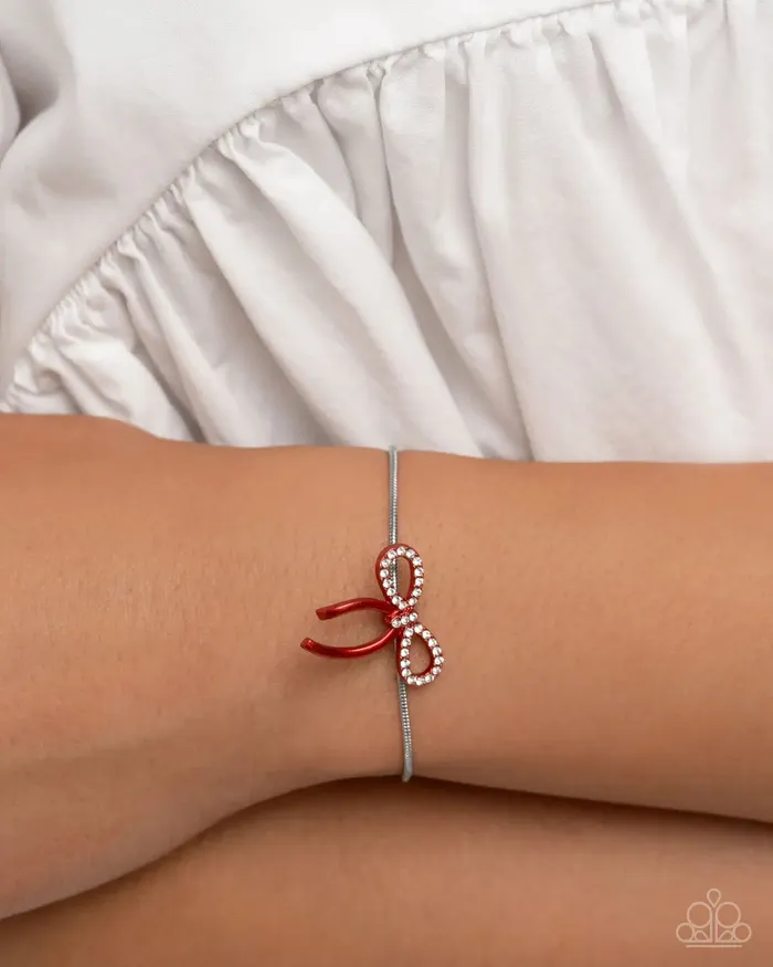 Paparazzi Accessories Bombshell Beginning Red Metallic Bow Silver Slide Bracelet Paparazzi Bracelets