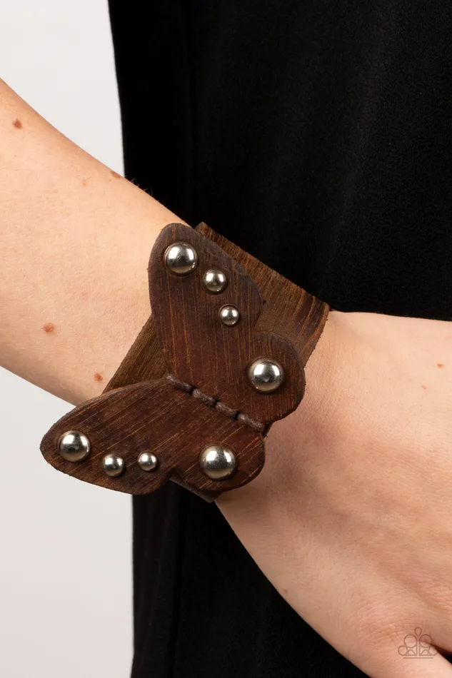 Paparazzi Accessories Bracelets Butterfly Farm Brown Leather Butterfly Wrap Bracelet Paparazzi