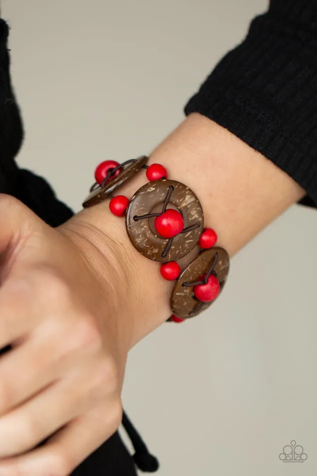 Paparazzi Accessories Bracelets Island Adventure Red Bead Brown Wooden Disc Stretchy Bracelet Paparazzi
