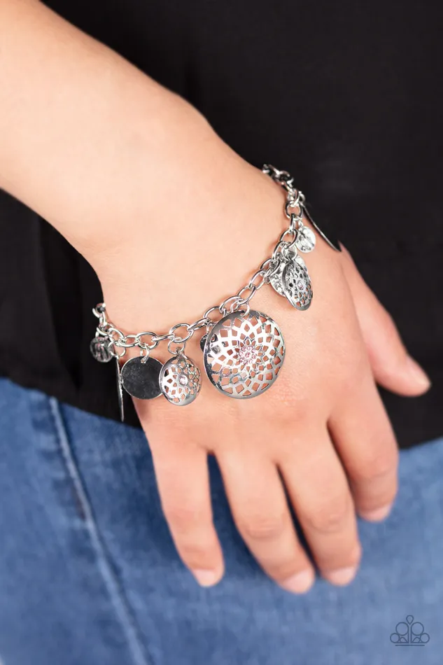 Paparazzi Accessories Bracelets Trinket Tranquility Pink Hammered Disc Silver Charm Bracelet Paparazzi