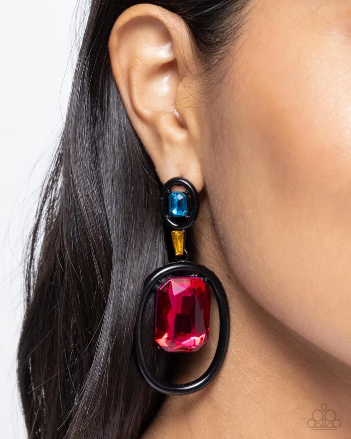 Paparazzi Accessories Dipped in Dazzle Black Oval Pink and Blue Gem Gold Accent Post Earrings Paparazzi Earrings