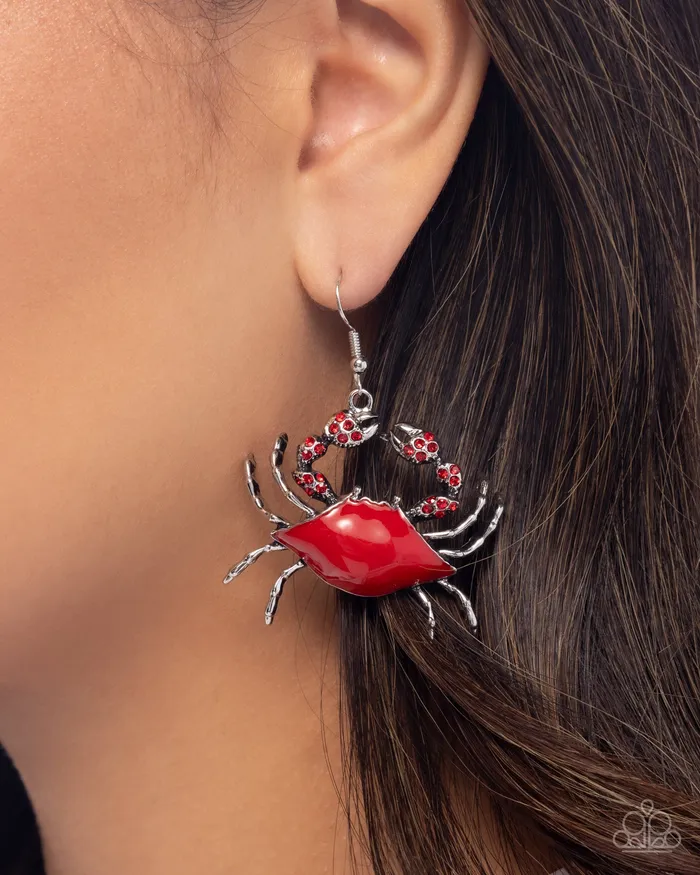 Paparazzi Accessories Earrings Colorful Crab Red Rhinestone Silver Crab Beachy Earrings Paparazzi
