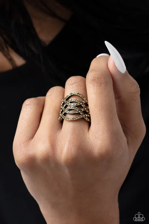 Paparazzi Accessories Interlocked Impression Brass Aurum Rhinestone Ring Paparazzi Rings