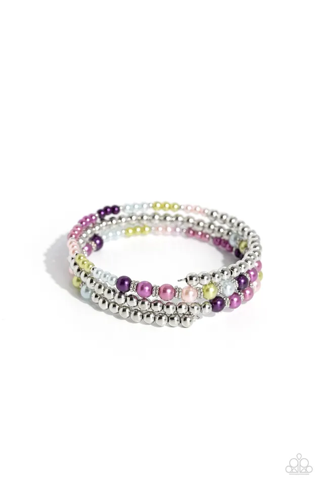 Paparazzi Accessories Just SASSING Through Multi Pink Purple Blue Pearl Silver Coil Bracelet Paparazzi Bracelets