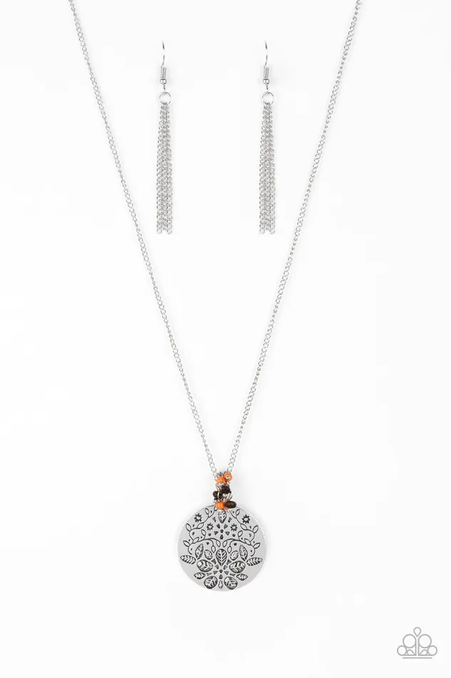 Paparazzi Accessories Necklaces Desert Abundance Orange and Wood Bead Silver Disc Pendant Necklace Paparazzi