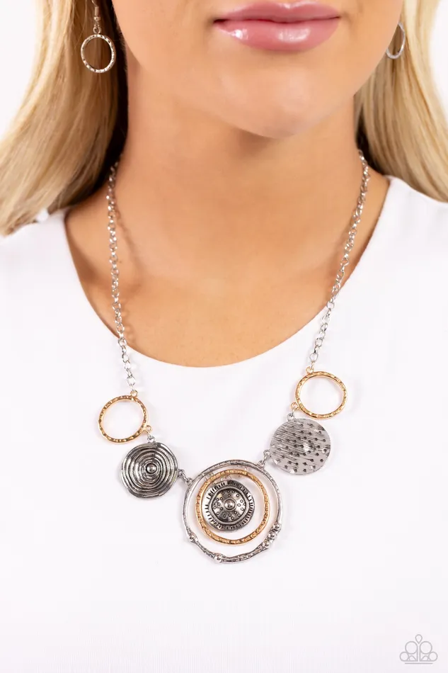 Paparazzi Accessories Necklaces Mysterious Masterpiece Silver and Gold Circle Short Necklace Paparazzi