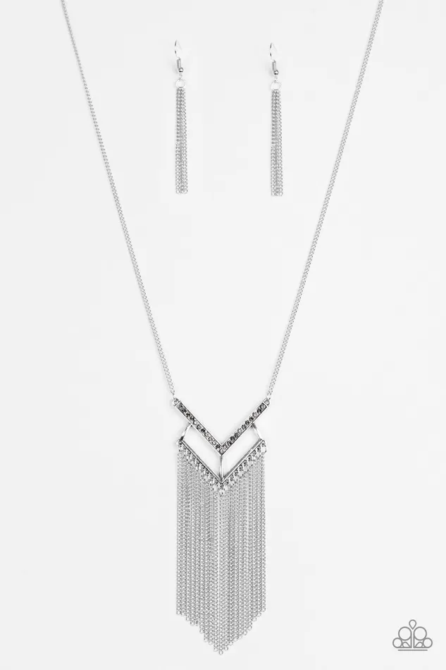 Paparazzi Accessories Necklaces Paparazzi Alpha Glam Silver Geometric Hematite Rhinestone VShape Fringe Necklace Paparazzi Accessories Necklaces Paparazzi Alpha Glam Silver Geometric Hematite Rhinestone VShape Fringe Necklace