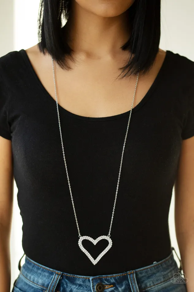 Paparazzi Accessories Necklaces Pull Some Heartstrings Paparazzi White Rhinestone Heart Silver Pendant Necklace